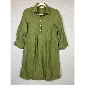 Poetry Dress Size‎ 2 100% Linen Green 3/4 Sleeve Button Side Slit Pockets Preppy